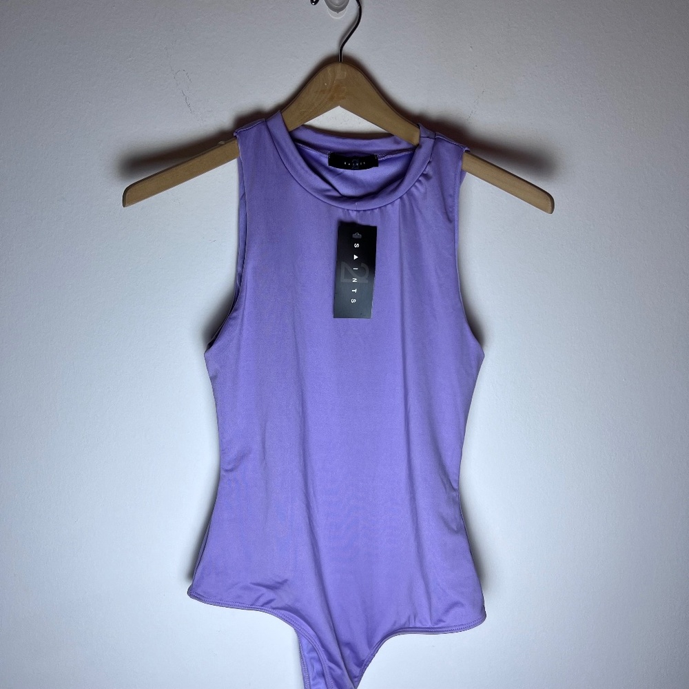 Saints 21 NWT Purple/Lavender High Neck Thong Snap Bodysuit - Size Medium
